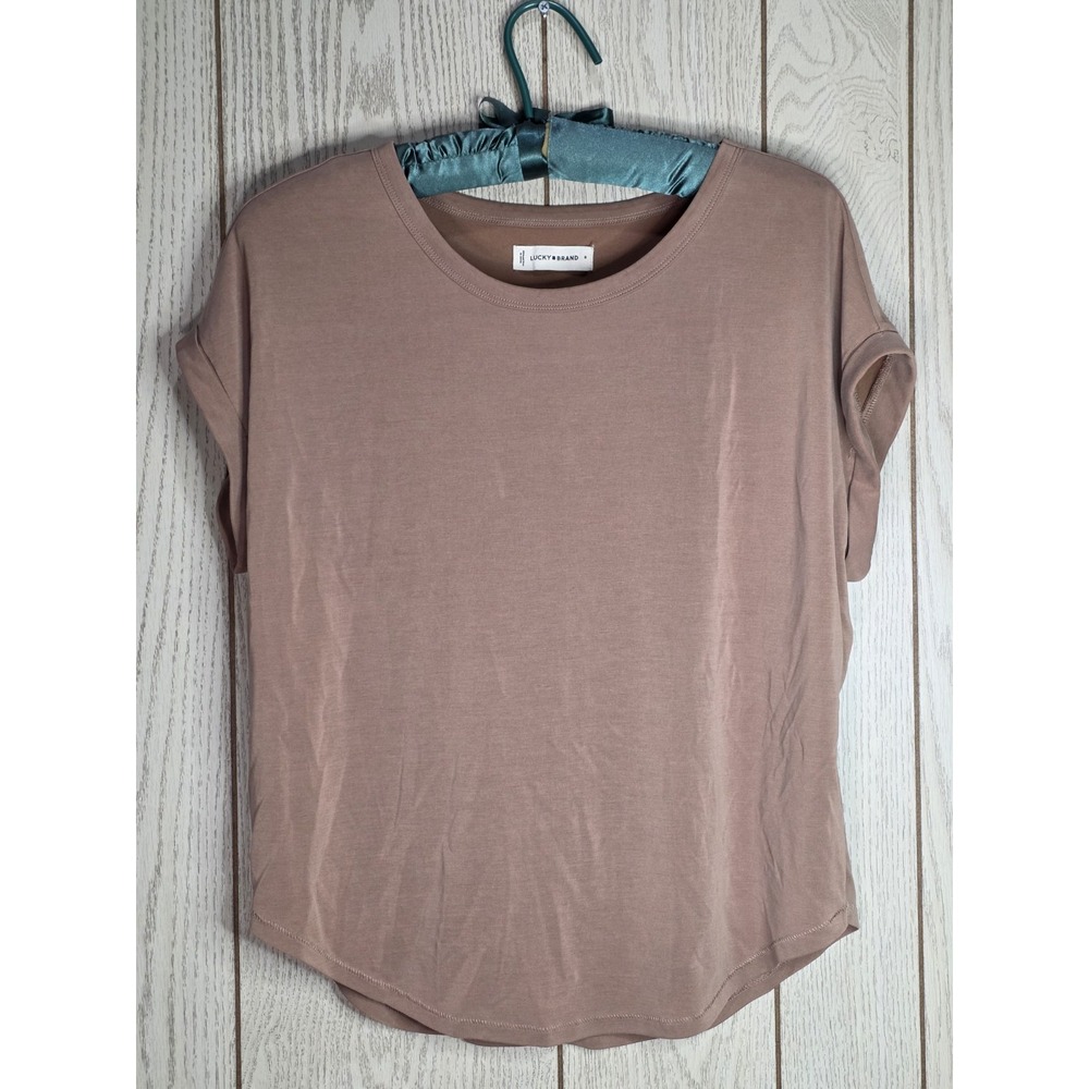 Lucky Brand Brown Curved Hem Tee Short Sleeve Crew Neck Top Womens Small